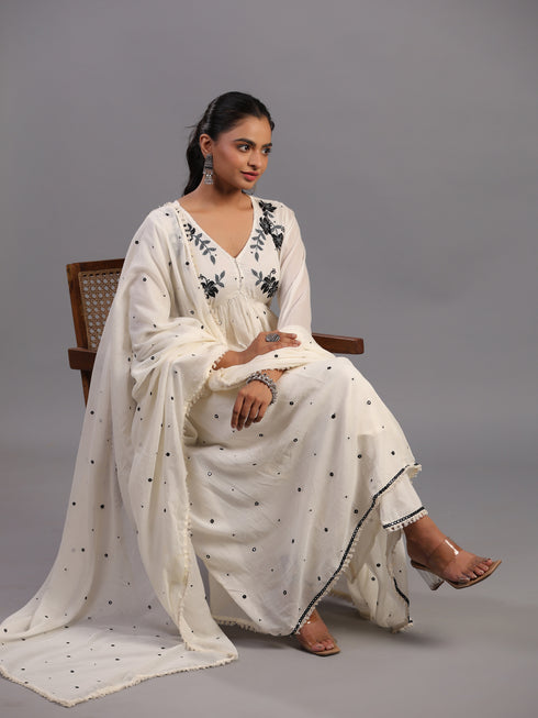 Cream Cotton Mirror Work Embroidered Kurti Set