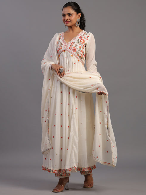 Cream Cotton Overall Embroidered Sequins Kurti Set