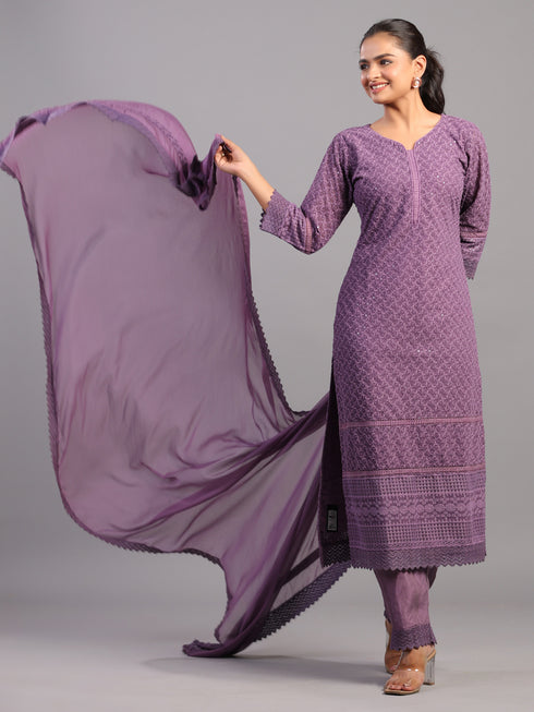 Purple Goergette Embroidered Kurti Set