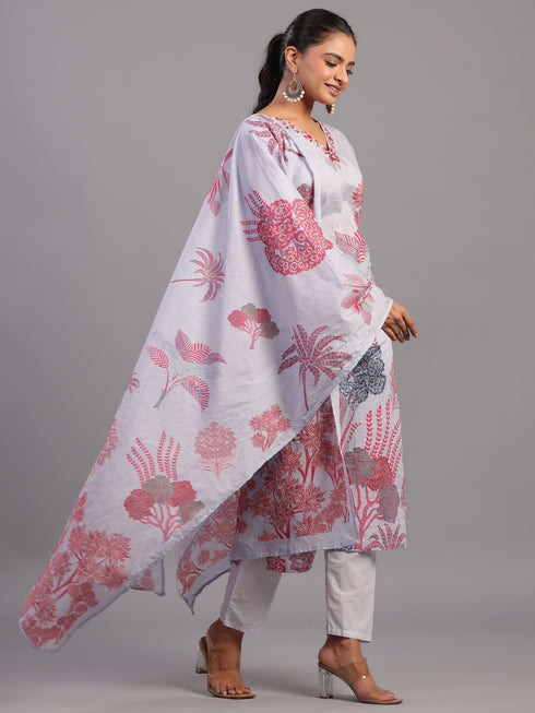 Purple Cotton Blend Botanical Kurti Set
