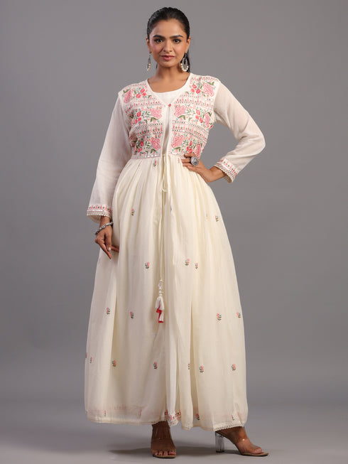 Cream Cotton Embroidered Ethnic Jacket Kurti Set