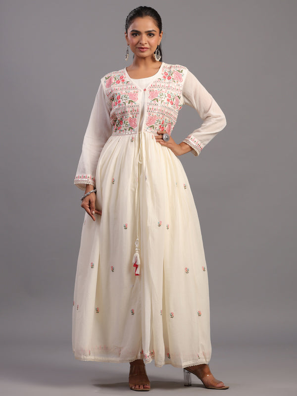 Cream Cotton Embroidered Ethnic Jacket Kurti Set