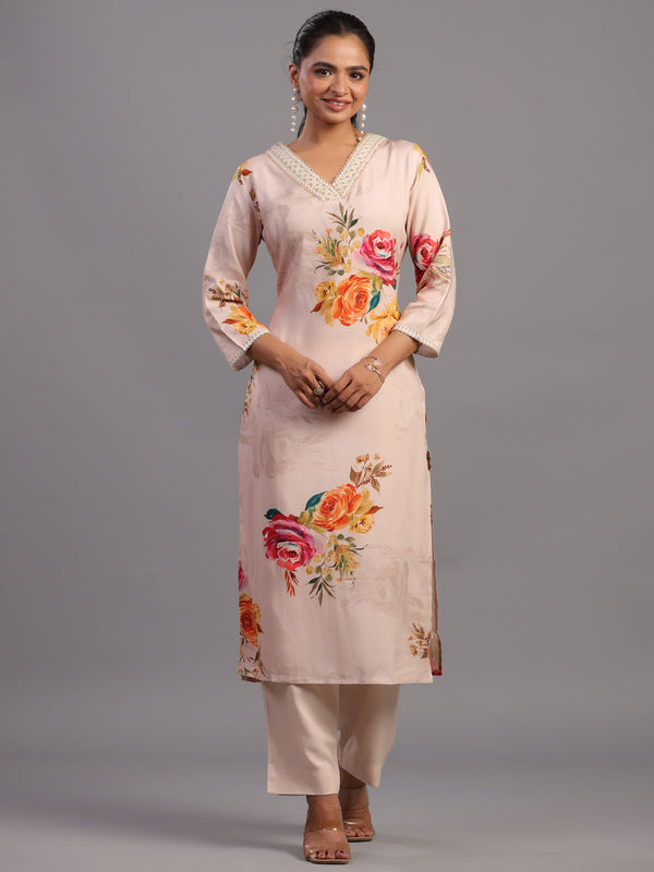 Beige Viscose Rayon Floral Print Kurti Set