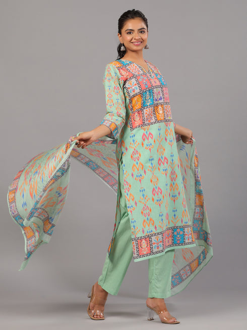Green Goemetric Print Kurti Set