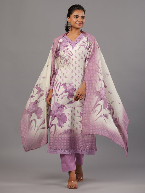 Purple Botanical Print Kurti Set