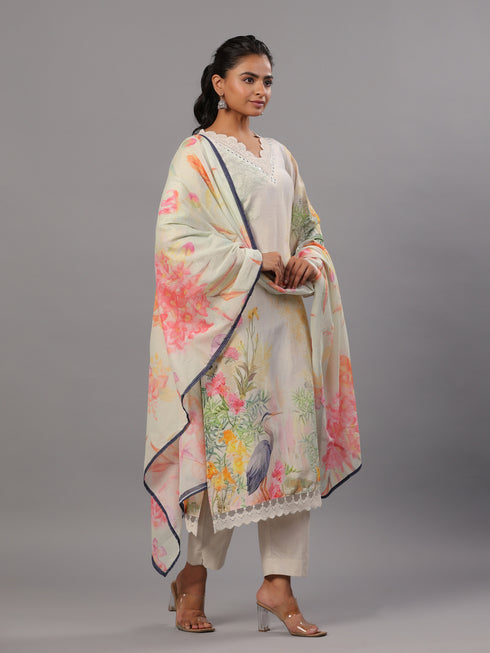 Cream Botanical Print Kurti Set