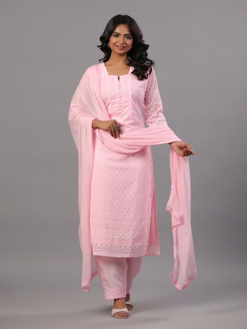 Pink Goergette Embroidered Kurti Set