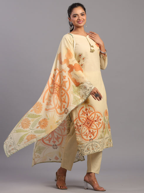 Beige Cotton Linen Abstract Print Hand Embroidery Kurti Set