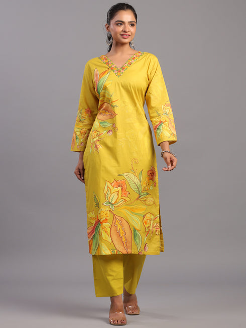 Mustard Cotton Floral Kurti Set