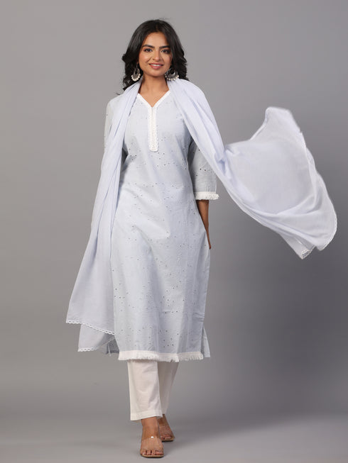 Blue Cotton Cutwork Embroidered Kurti Set