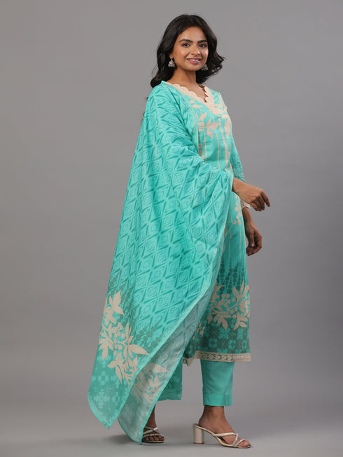 Sea Green Printed Kurti Set With Lace Detailed