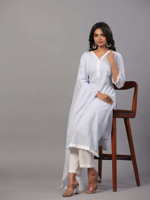 Blue Cotton Cutwork Embroidered Kurti Set