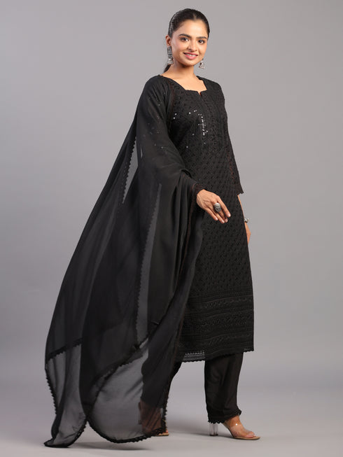Black Goergette Embroidered Kurti Set