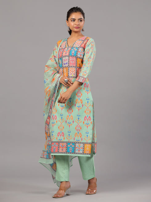 Green Goemetric Print Kurti Set