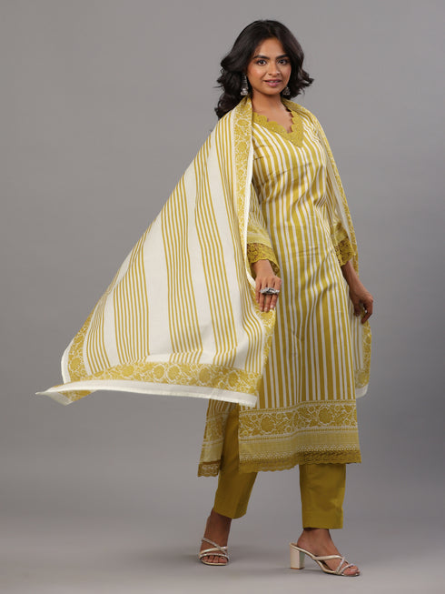 Green Vertical Stripped Print Kurti Set