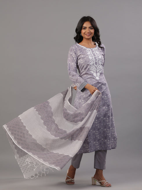Grey Floral Printed Kurti Set