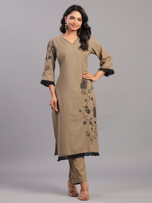 Olive Green Cotton Linen Floral Embroidered Kurti Set