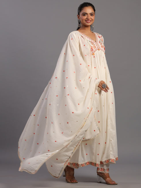 Cream Cotton Overall Embroidered Sequins Kurti Set