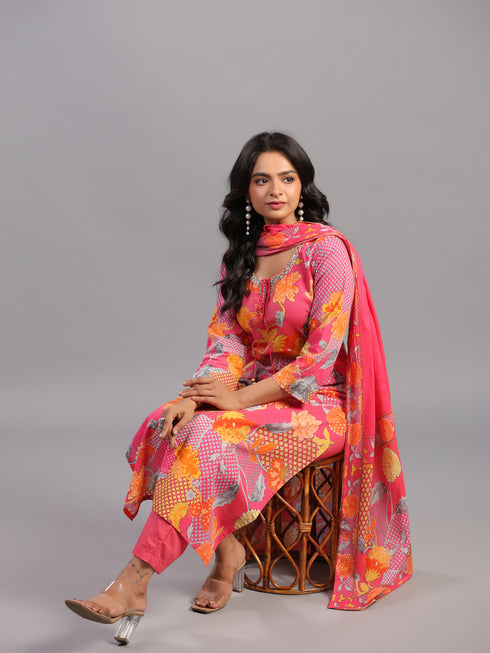 Pink Block Print Kurti Set