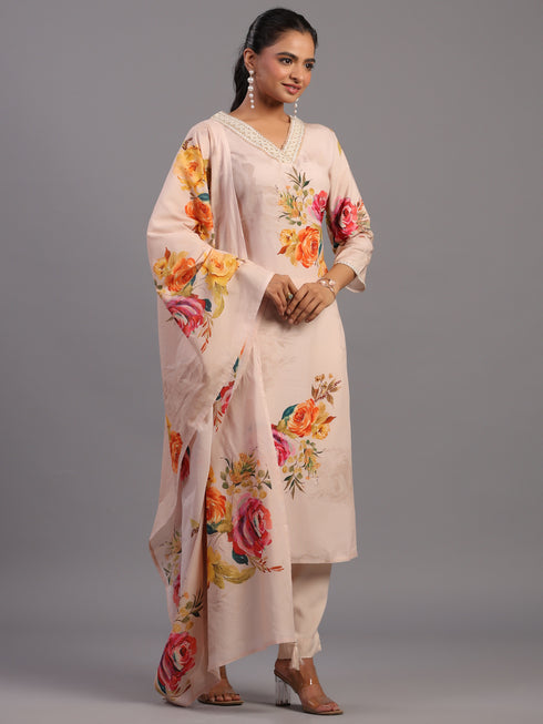 Beige Viscose Rayon Floral Print Kurti Set