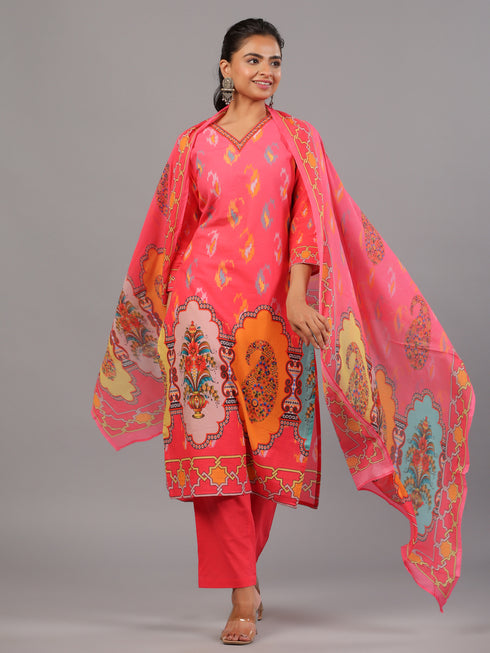 Pink Digital Print Kurti Set With Neck Embroidered
