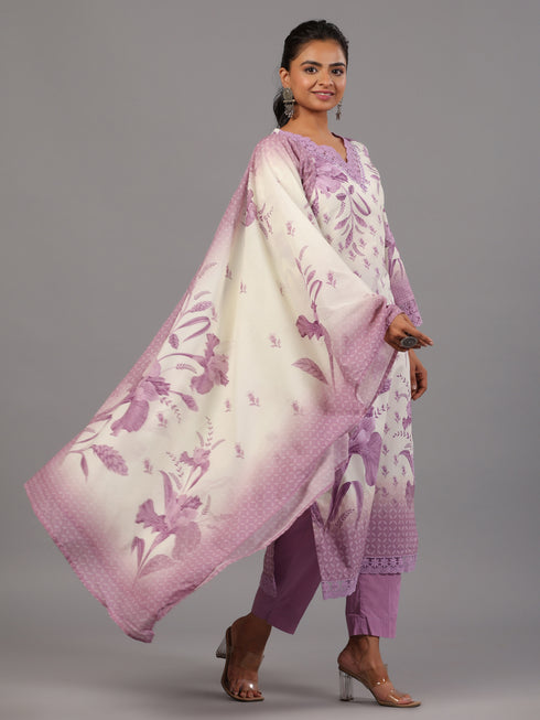 Purple Botanical Print Kurti Set