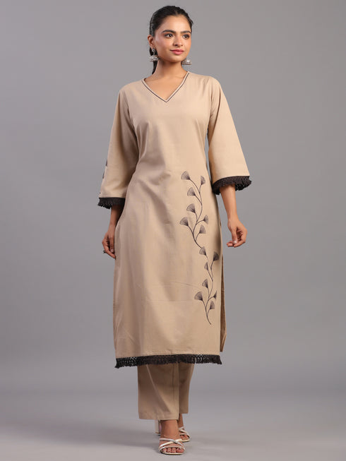 Beige Cotton Linen Floral Embroidered Kurti Set