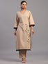 Beige Cotton Linen Floral Embroidered Kurti Set