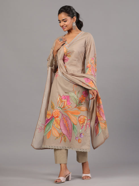 Grey Botanical Print Kurti Set