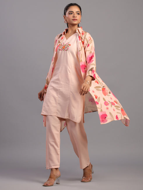 Peach Cotton Linen Floral Print 3pc Co Ord Set
