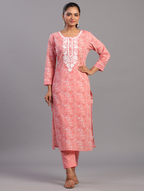 Peach Floral Printed Kurti Set