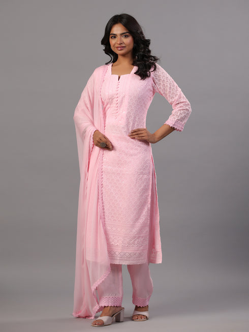 Pink Goergette Embroidered Kurti Set