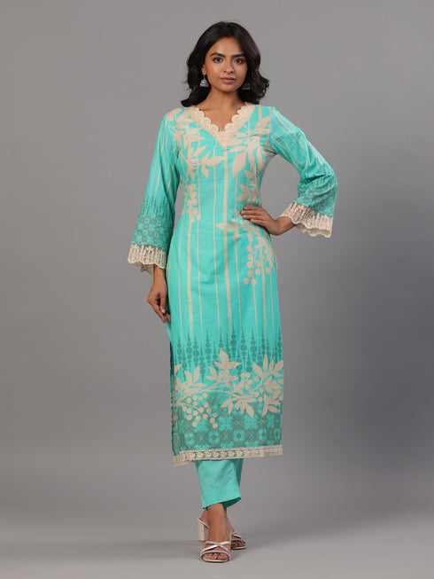 Sea Green Printed Kurti Set With Lace Detailed