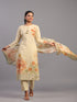 Beige Cotton Linen Abstract Print Hand Embroidery Kurti Set