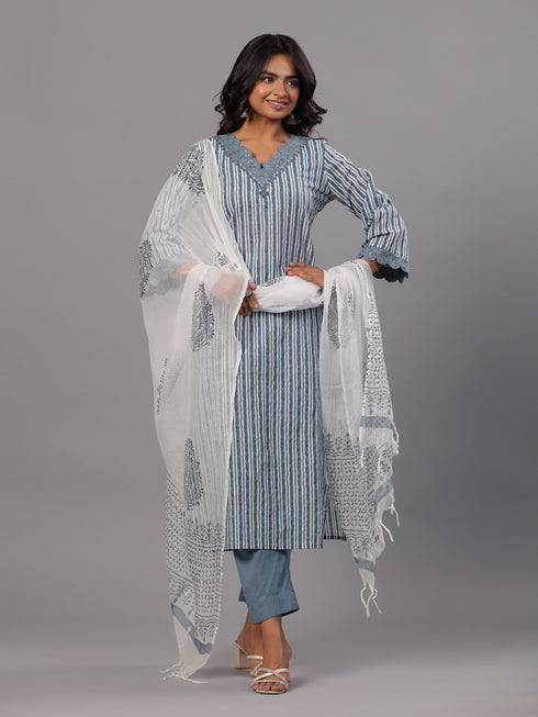 Grey Striped Print Kurti Set