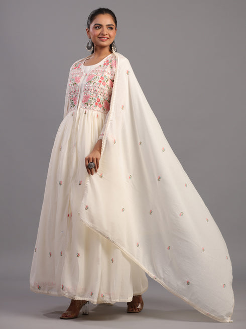 Cream Cotton Embroidered Ethnic Jacket Kurti Set