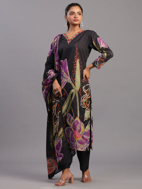Black Cotton Abstract Print Kurti Set