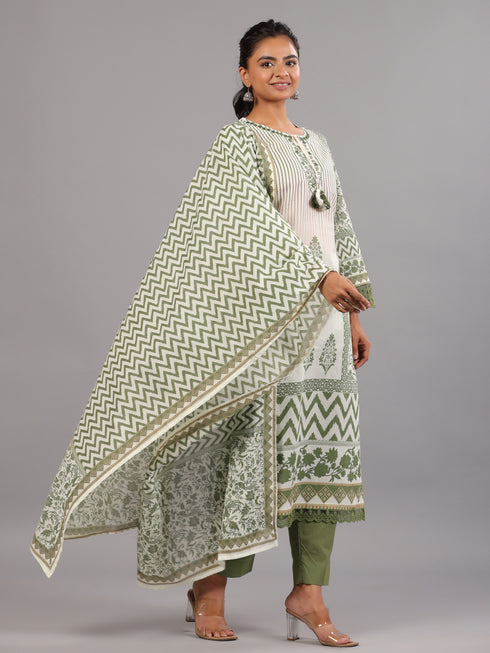 Green Cotton Printed Kurti Set