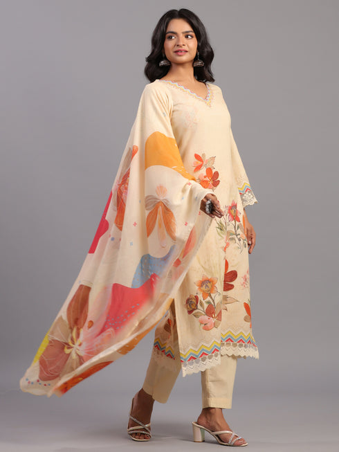 Cream Floral Print Kurti Set