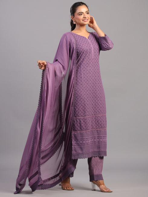 Purple Goergette Embroidered Kurti Set