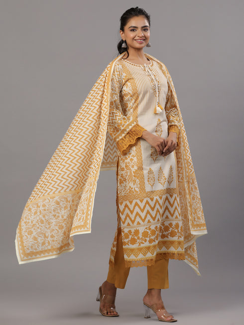 Mustard Cotton Printed Kurti Set