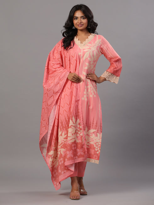 Pink Printed Kurti Set With Lace Detailed