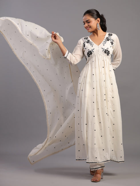 Cream Cotton Mirror Work Embroidered Kurti Set