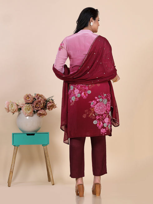 Wine Digital Print Mirror Embroidery Work Kurti Set