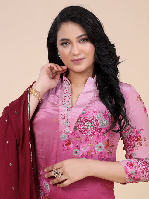 Wine Digital Print Mirror Embroidery Work Kurti Set