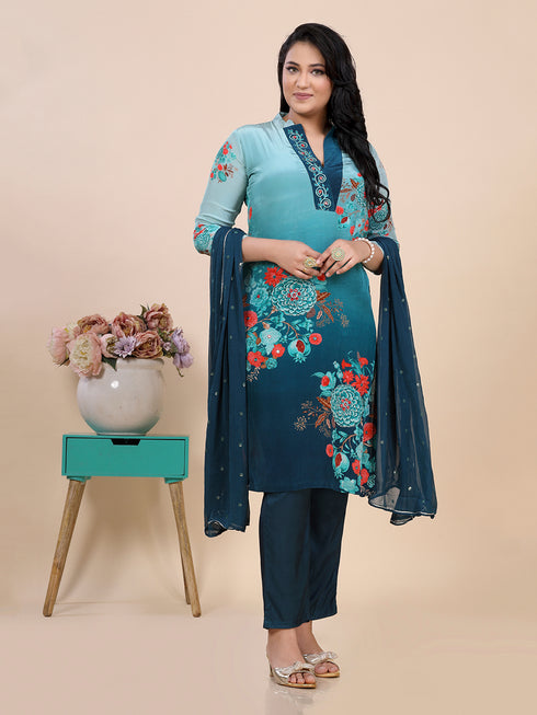 Teal Digital Print Mirror Embroidery Work Kurti Set