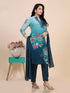 Teal Digital Print Mirror Embroidery Work Kurti Set