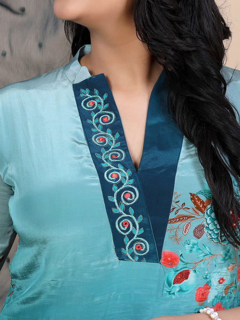 Teal Digital Print Mirror Embroidery Work Kurti Set