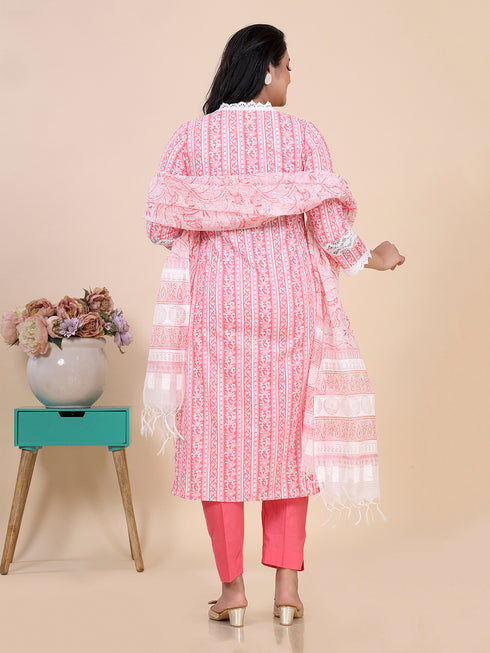 Peach Floral Stripe Print Kurti Set