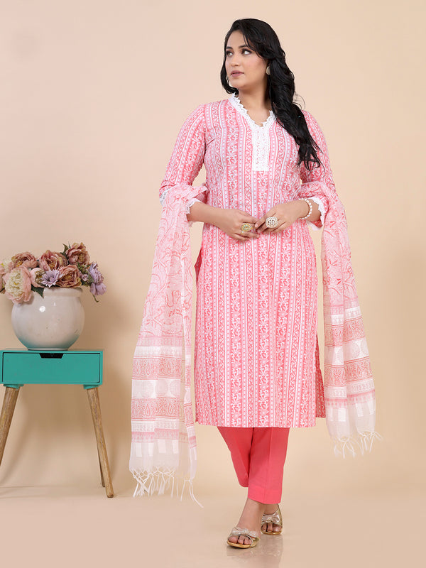 Peach Floral Stripe Print Kurti Set